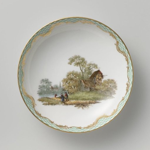 Plate, multicolored painted with a landscape with figures