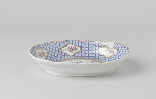 Dish with diaper patterns and flower sprays in panels