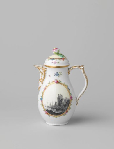 Coffee pot with a landscape and flower sprays
