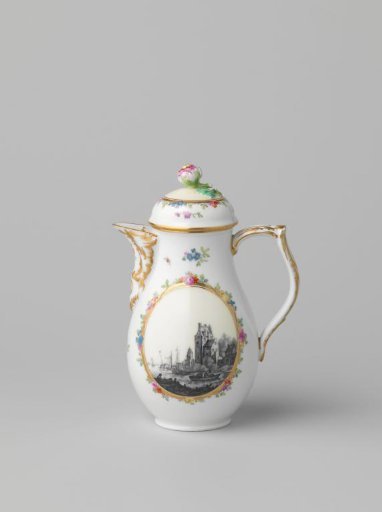 Cover of a coffee pot with a landscape and flower sprays
