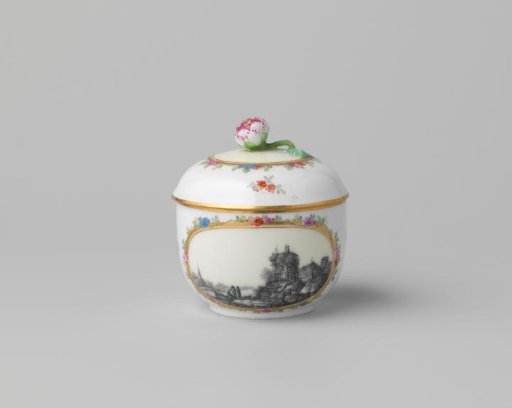 Sugar bowl with a landscape and flower sprays