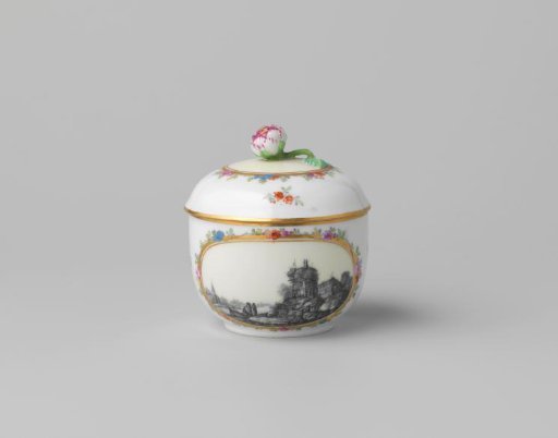 Cover of a sugar bowl with a landscape and flower sprays