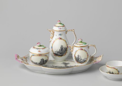 Tea and coffee service (solitaire) with a landscape and flower sprays