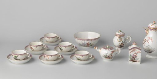 Coffee and tea service with birds in a landscape