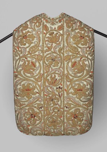 Chasuble of Light Blue Satin Embroidered with Gold and Silver Thread and Adorned with Blood Coral, Garnets, and Pearls
