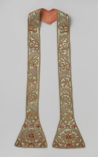 Stole with Embroidery of Gold and Silver Thread, Blood Coral, Garnets, and Pearls