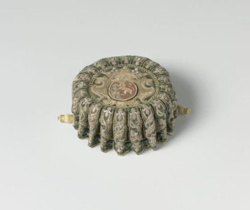 Playing card case of dark green velvet, embroidered in gold and silver thread with the family coat of arms Orry de Vignory