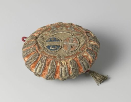 Playing card case of orange velvet, embroidered in gold and silver thread and multicoloured silk with an unidentified alliance coat of arms