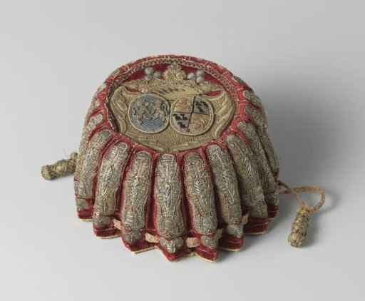 Embroidered purse of wine-red velvet, worked in gold and silver thread and multicoloured silk with an unidentified alliance coat of arms