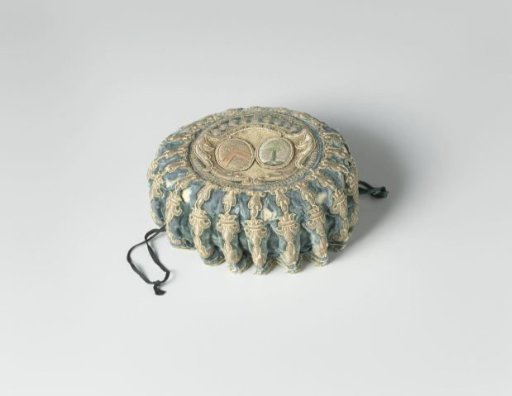 Embroidered purse of grey-blue velvet, worked in silver thread, the bottom decorated with an unidentified alliance coat of arms in gold and silver brocade and multicoloured silk