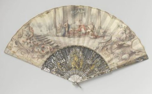 Folding fan with leather leaf painted in gouache depicting Haman in disgrace before Ahasuerus, on a mount with carved and relief-carved mother-of-pearl with 'métal en quatre couleurs'