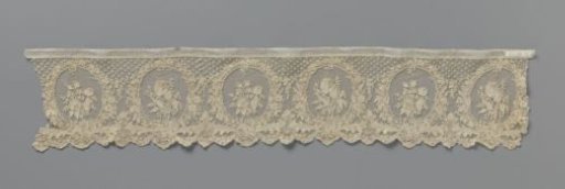 Strip of needle lace with tulip and rose branch in medallions