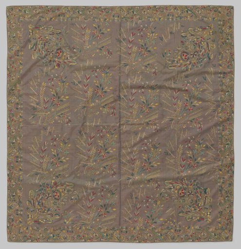 Square scarf of purple changeant silk embroidered with floral and feather motifs in many colors