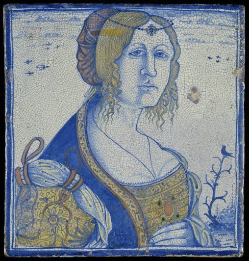 Tile with the portrait of a woman, originally used as a facade stone in the house Wijnhaven 16 in Delft