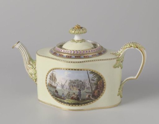 Teapot with lid, polychrome painted with harbor views