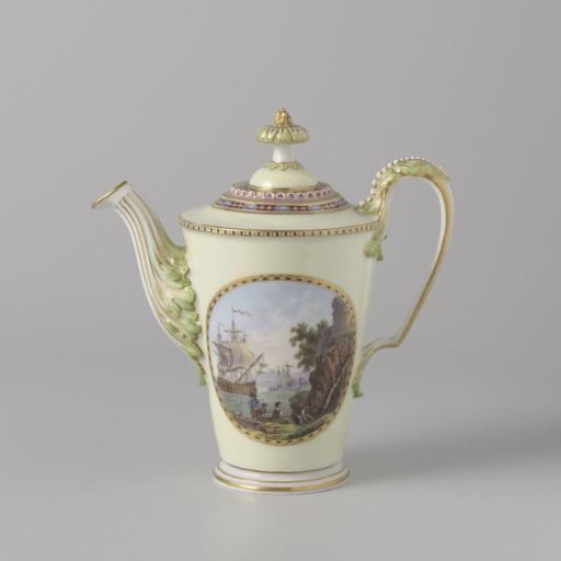 Milk jug with lid, polychrome painted with harbor views