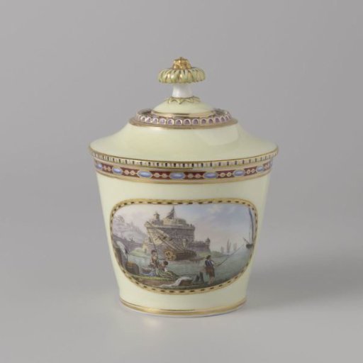 Sugar pot with lid, polychrome painted with harbor views