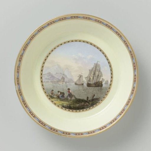Saucer, polychrome painted with a harbor view