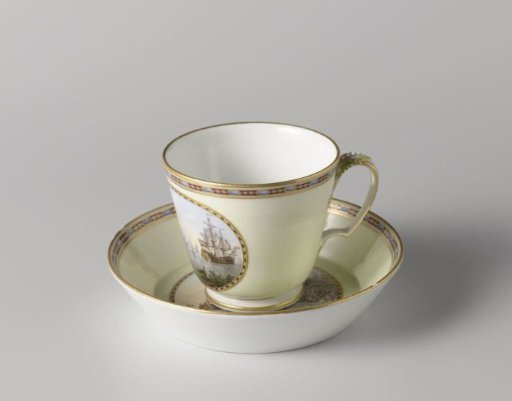 Cup, polychrome painted with a harbor view