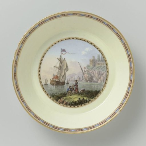 Saucer, polychrome painted with a harbor view