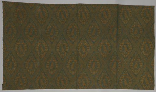 Cotton curtain with panes of fine twigs containing an oval wreathed with leaves and a bird