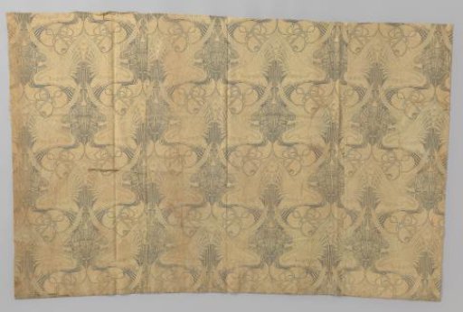 Fragment of a valance of printed cretonne with swans and lilies