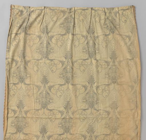Door curtain of printed cretonne with swans and lilies