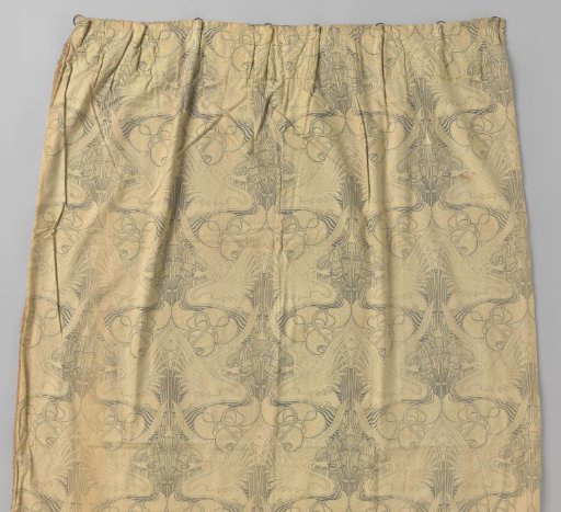 Drapery curtain of printed cretonne with swans and irises