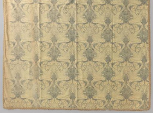 Door curtain of printed cretonne with swans and lilies