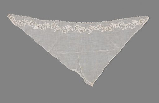 Linen Batiste Fichu, Triangular and Scalloped, Embroidered with a Border of Carnations in Needlepoint and Festoon Work (Plumétis) of White Cotton