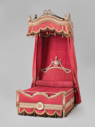 Parts of a Canopy Bed Upholstered in Red Woolen Fabric, with Fringe and Trim