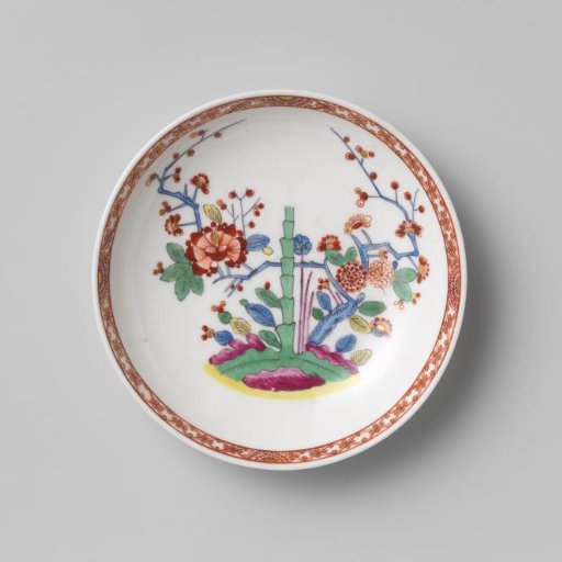Dish, multicoloured painted bamboo and other plants on a ground. Kakiemon decoration