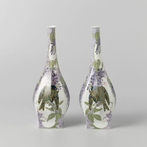 Vase painted with purple lilacs and a bird on one side