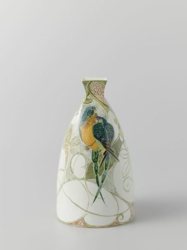 Vase decorated with flowers and parrots