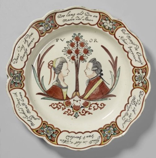 Plate and sugar tongs with portraits of William V and Wilhelmina of Prussia