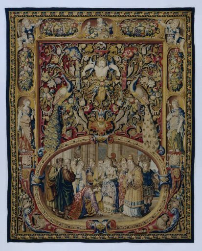 Christ and the woman taken in adultery, in a cartouche and a grotesque decoration