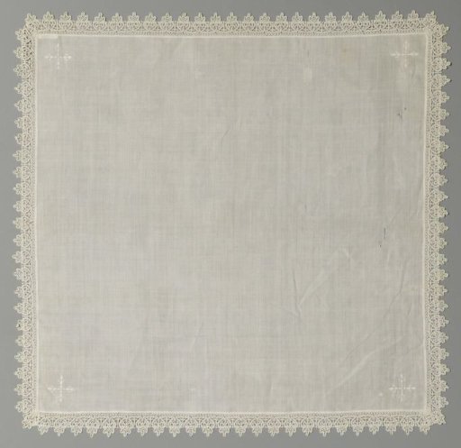 Corporal or chalice cloth of linen with an embroidered cross in each corner and finished around with a border of bobbin lace