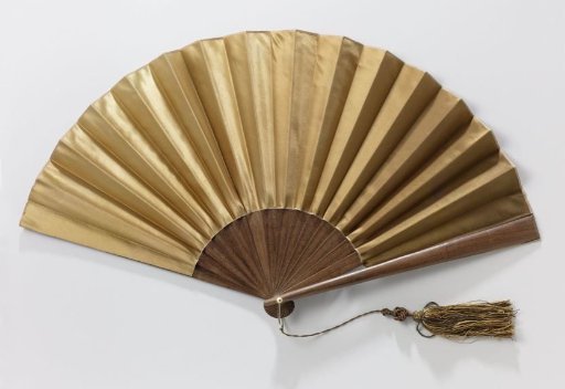Folding Fan with Double Leaf of Gold Ocher Satin on a Mount of Brown Wood