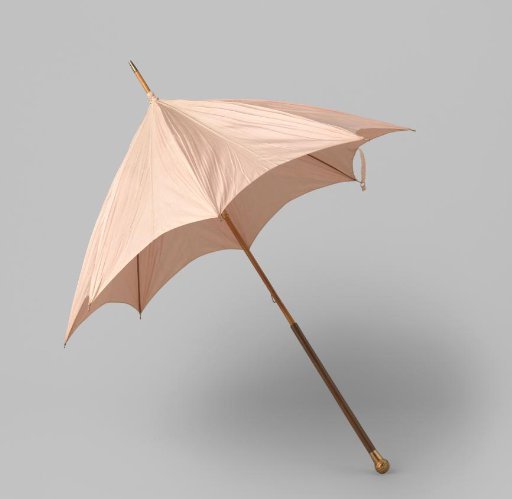 Parasol with a cover of plain pink silk on a bamboo stick with a wooden handle and a copper spherical knob with a masonry motif