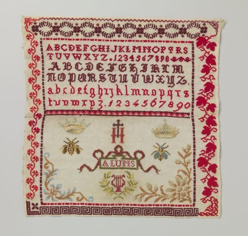 Sampler with multicoloured wool and silk embroidery.