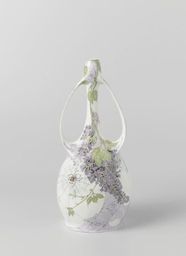 Vase painted with branches of lilacs and a spider in its web