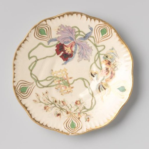 Plate decorated with orchids and a yellow fence