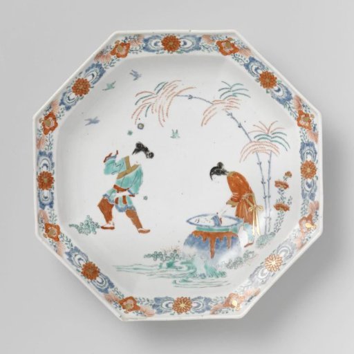 Octagonal plate with an image of Shiba Onko and floral scrolls