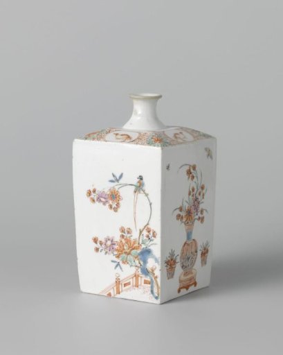 Square bottle with flowering plants, birds, flower vases and insects