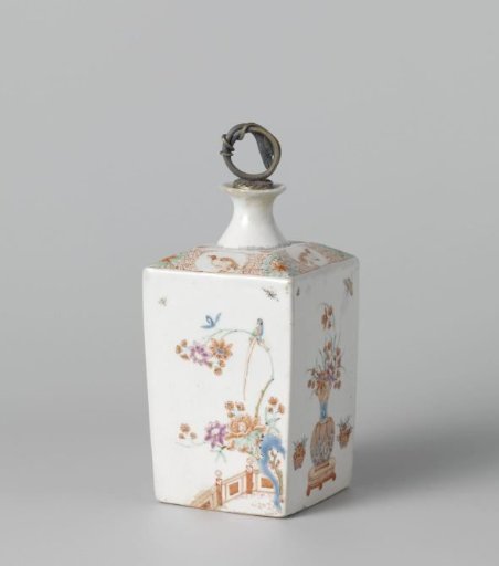 Square bottle with flowering plants, birds, flower vases and insects