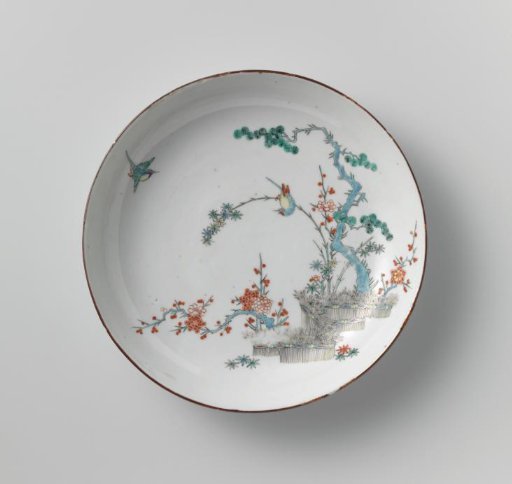 Saucer-dish with the 'three friends', birds and brushwood fences