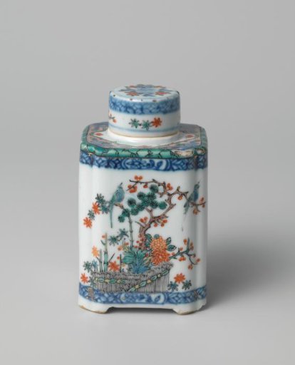 Square tea caddy with flowering plants, birds, butterflies and diaper patterns