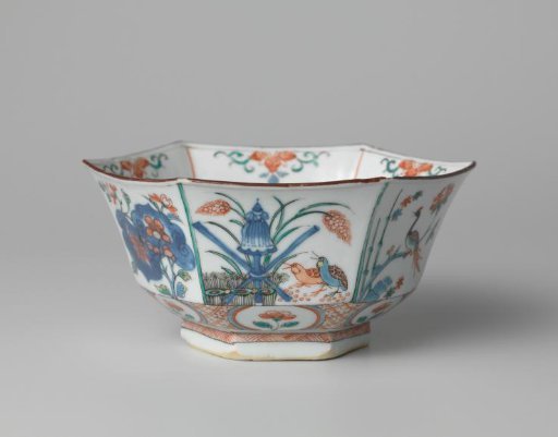 Hexagonal bowl with flowering plants, birds and floral scrolls