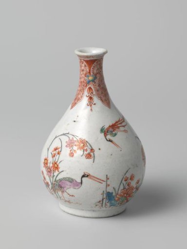 Pear-shaped bottle vase with three groups of flowers and three birds