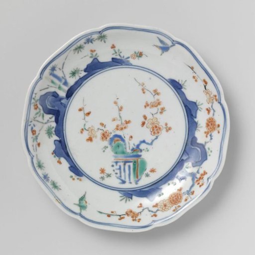 Scalloped dish with flowerpot, rocks, birds, bamboo and prunus